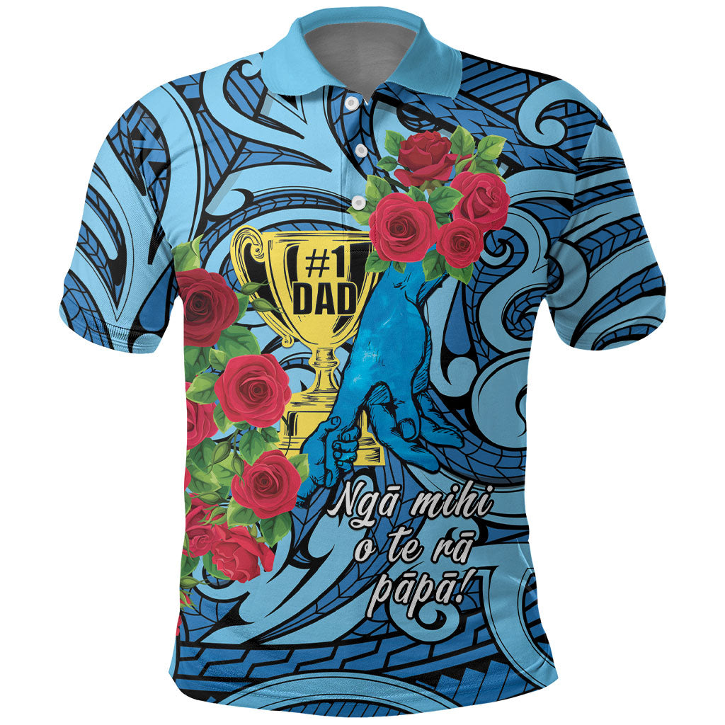 Personalised New Zealand Father's Day Polo Shirt Best Dad Trophy Red Rose Maori Pattern LT22 Blue - Polynesian Pride