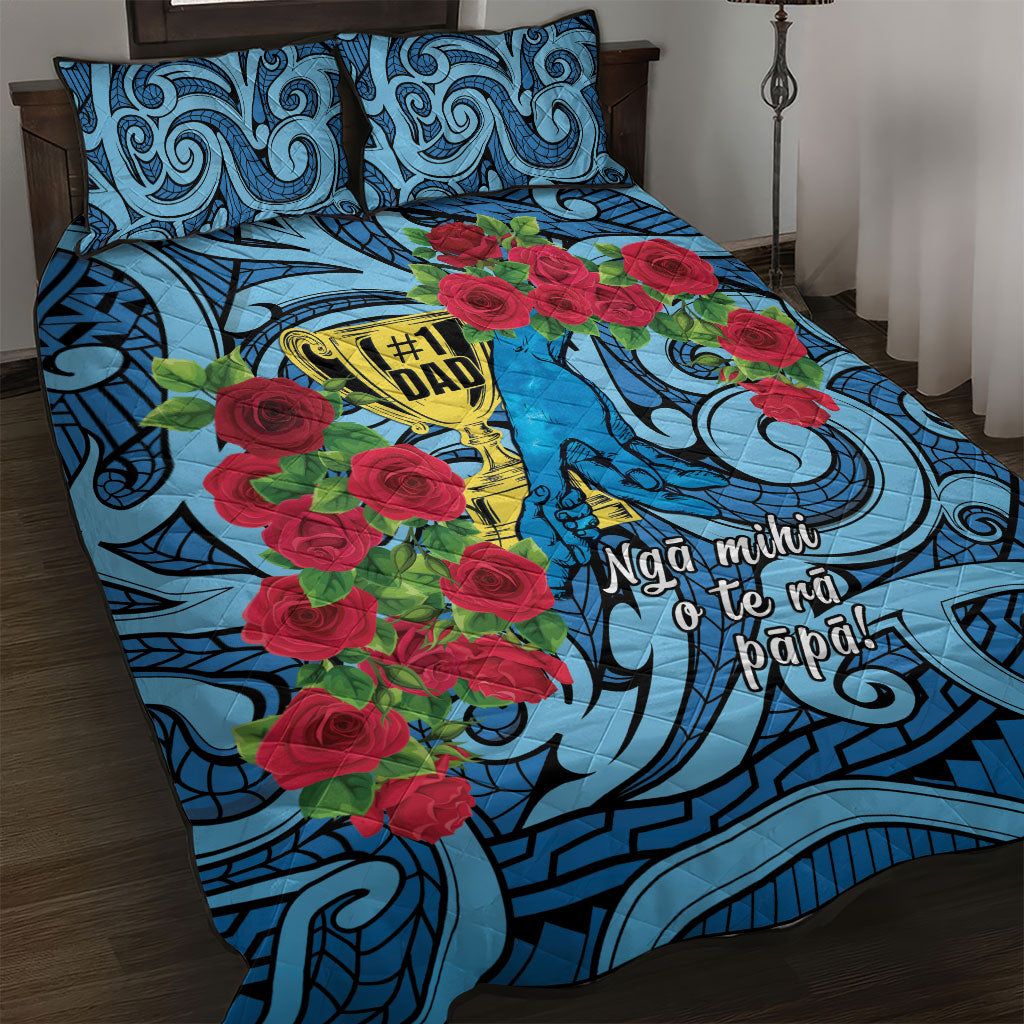 New Zealand Father's Day Quilt Bed Set Best Dad Trophy Red Rose Maori Pattern LT22 Blue - Polynesian Pride