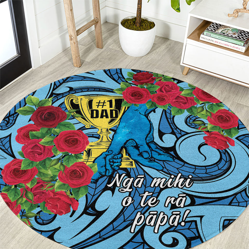New Zealand Father's Day Round Carpet Best Dad Trophy Red Rose Maori Pattern LT22 Blue - Polynesian Pride