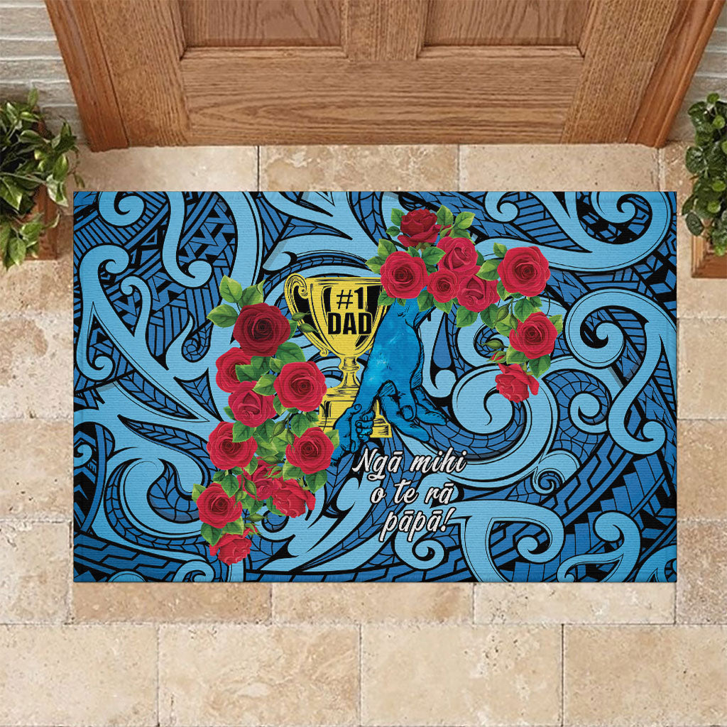 New Zealand Father's Day Rubber Doormat Best Dad Trophy Red Rose Maori Pattern LT22 Blue - Polynesian Pride