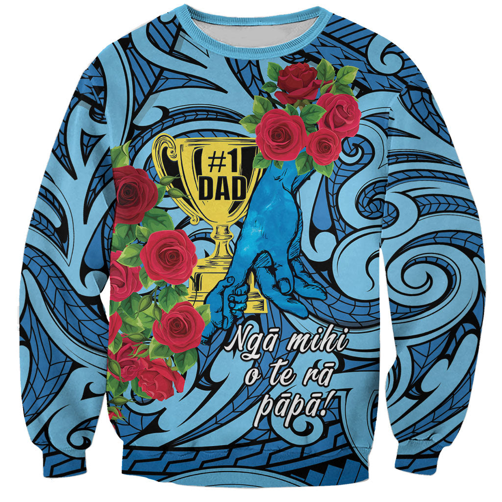 Personalised New Zealand Father's Day Sweatshirt Best Dad Trophy Red Rose Maori Pattern LT22 Unisex Blue - Polynesian Pride