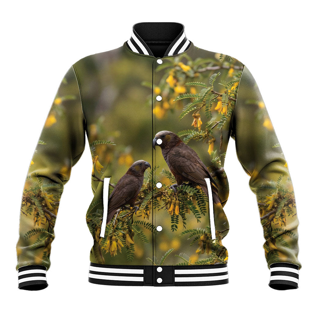 New Zealand Kaka Bird Baseball Jacket Kowhai Flower Landscape Style