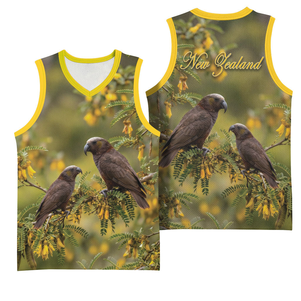 New Zealand Kaka Bird Basketball Jersey Kowhai Flower Landscape Style