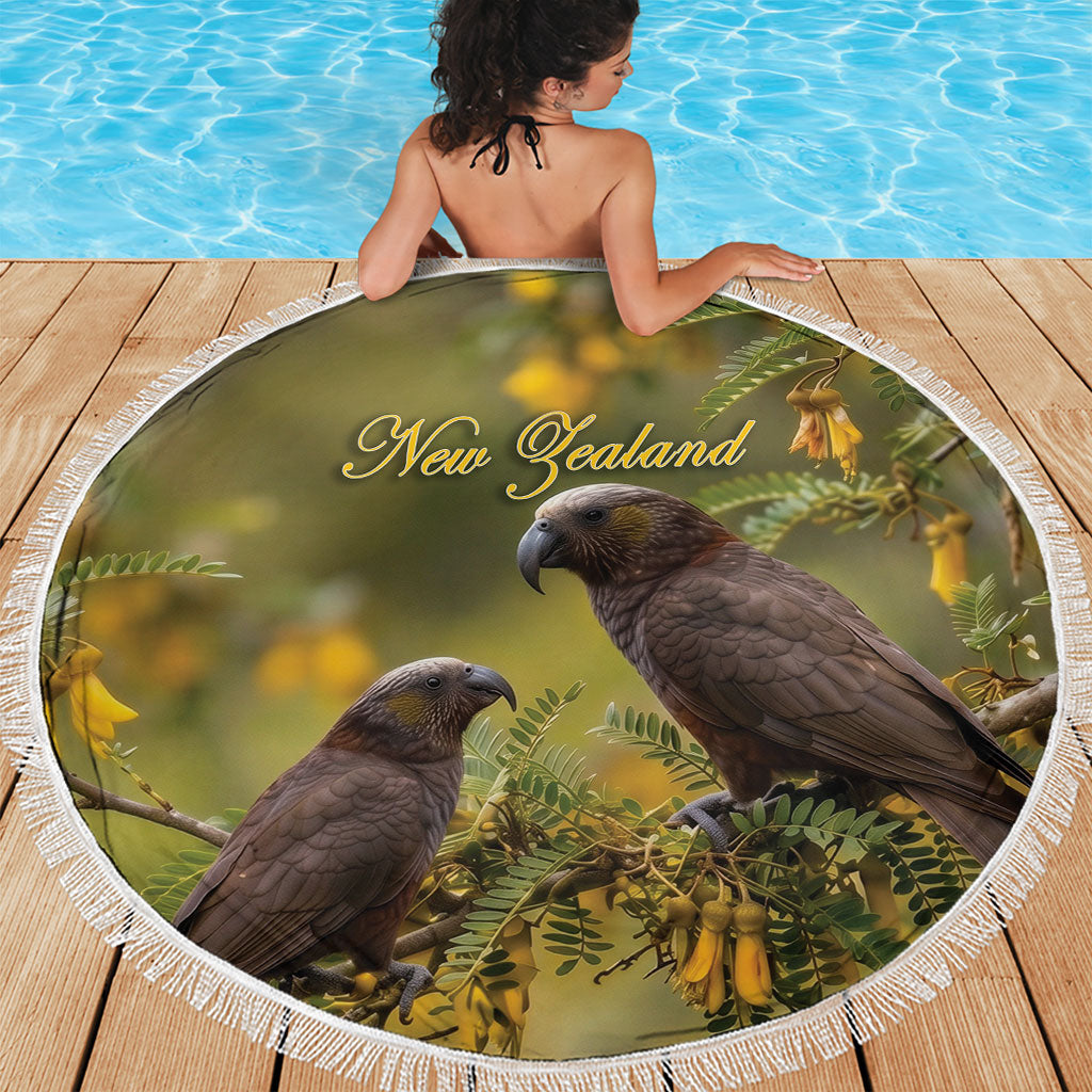 New Zealand Kaka Bird Beach Blanket Kowhai Flower Landscape Style
