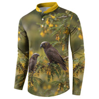 New Zealand Kaka Bird Button Sweatshirt Kowhai Flower Landscape Style