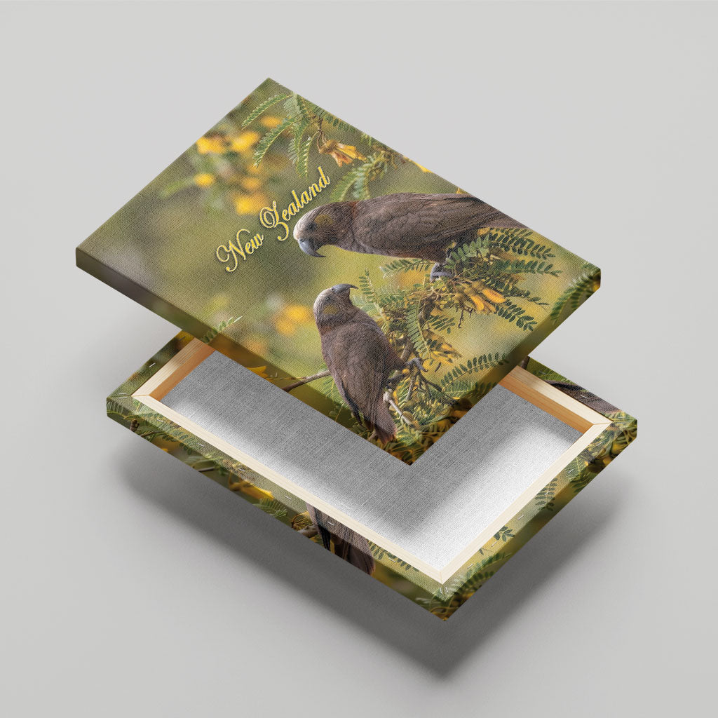 New Zealand Kaka Bird Canvas Wall Art Kowhai Flower Landscape Style