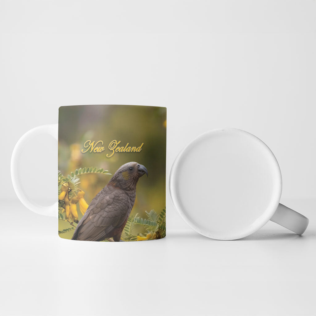 New Zealand Kaka Bird Ceramic Mug Kowhai Flower Landscape Style