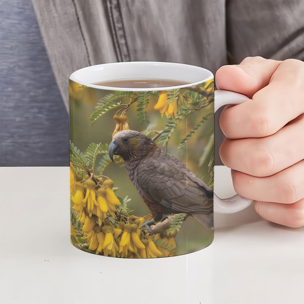 New Zealand Kaka Bird Ceramic Mug Kowhai Flower Landscape Style