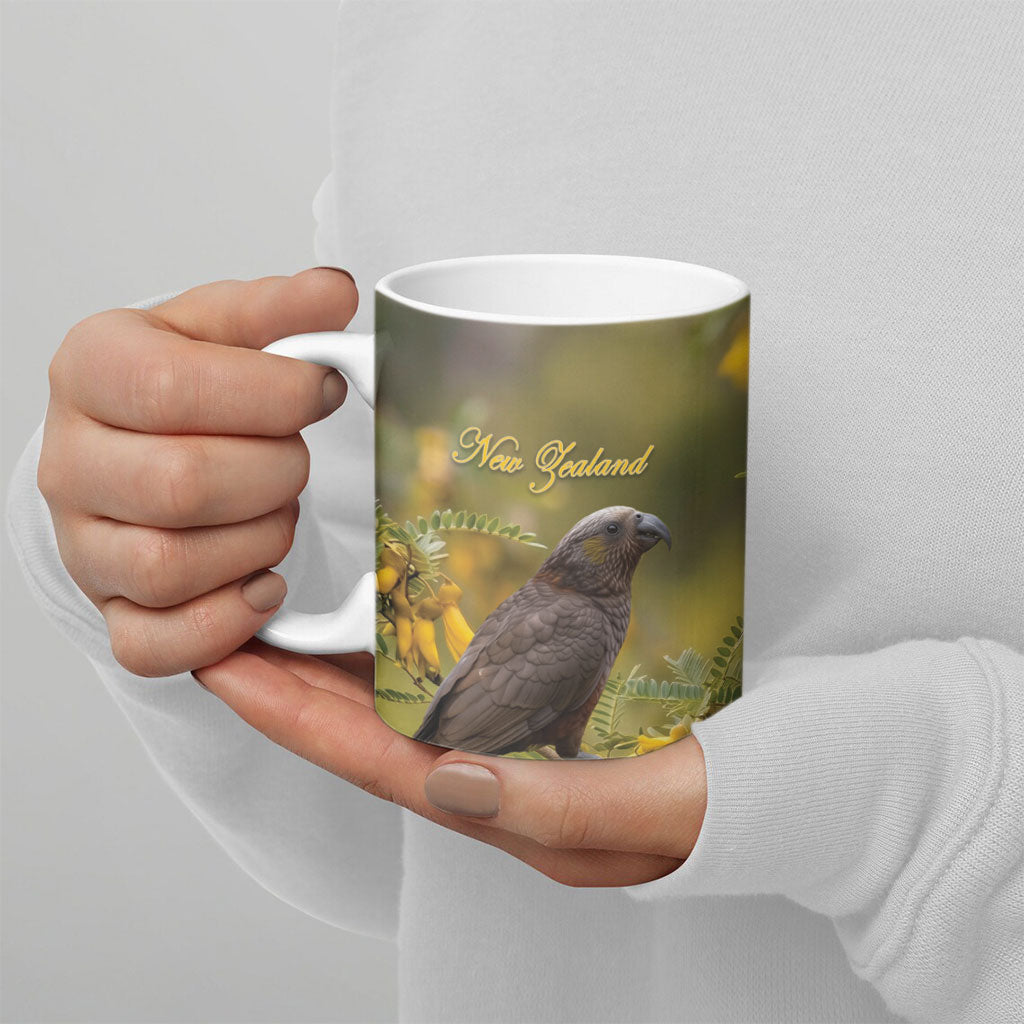New Zealand Kaka Bird Ceramic Mug Kowhai Flower Landscape Style