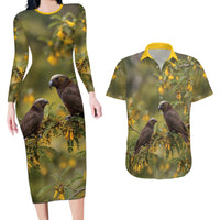 New Zealand Kaka Bird Couples Matching Long Sleeve Bodycon Dress and Hawaiian Shirt Kowhai Flower Landscape Style LT22 Green - Polynesian Pride