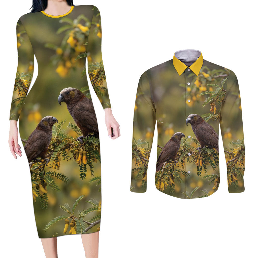 New Zealand Kaka Bird Couples Matching Long Sleeve Bodycon Dress and Long Sleeve Button Shirt Kowhai Flower Landscape Style
