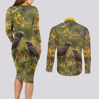 New Zealand Kaka Bird Couples Matching Long Sleeve Bodycon Dress and Long Sleeve Button Shirt Kowhai Flower Landscape Style