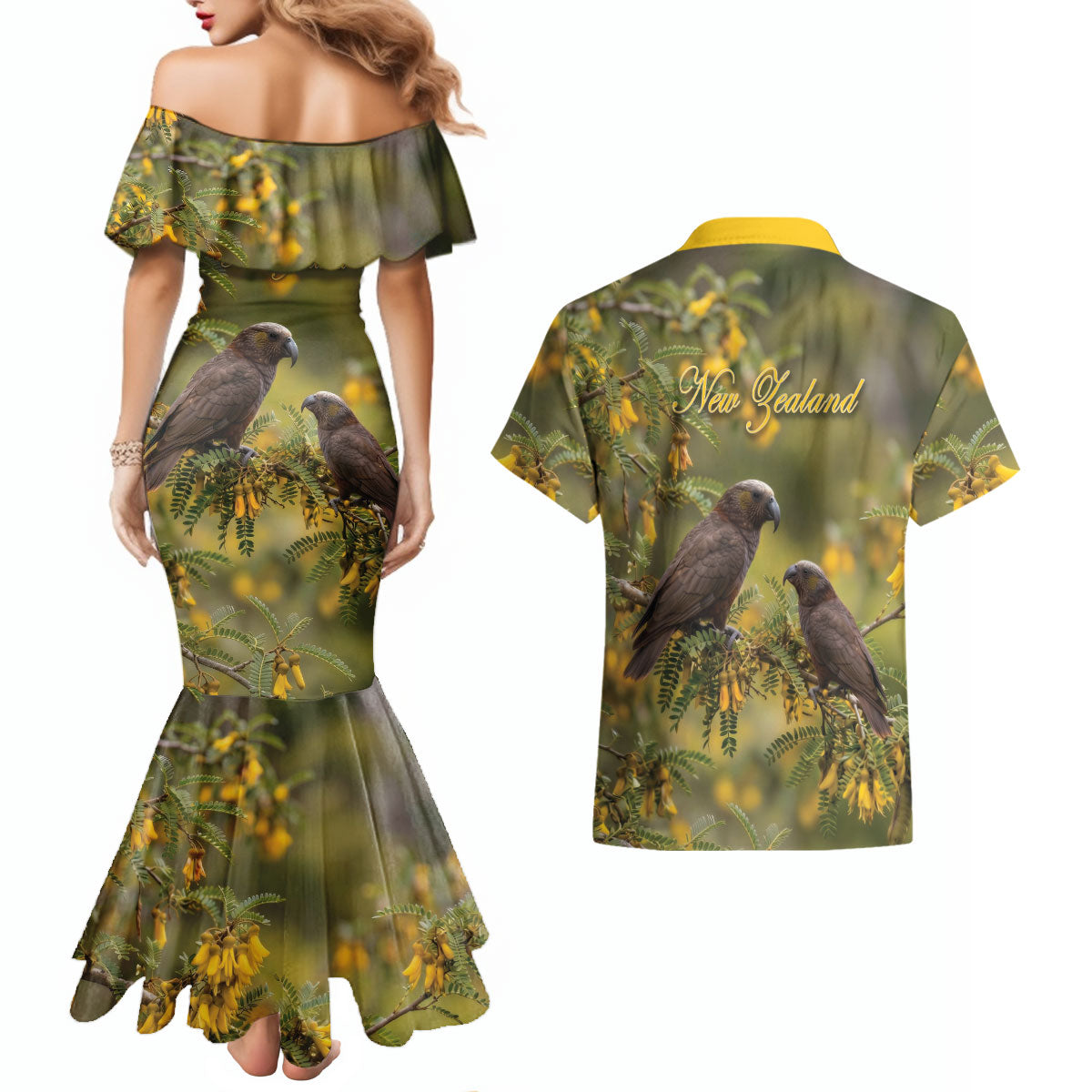New Zealand Kaka Bird Couples Matching Mermaid Dress and Hawaiian Shirt Kowhai Flower Landscape Style LT22 - Polynesian Pride
