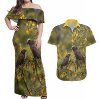 New Zealand Kaka Bird Couples Matching Off Shoulder Maxi Dress and Hawaiian Shirt Kowhai Flower Landscape Style LT22 Green - Polynesian Pride