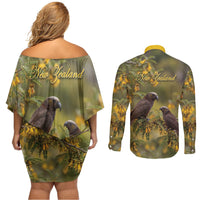 New Zealand Kaka Bird Couples Matching Off Shoulder Short Dress and Long Sleeve Button Shirt Kowhai Flower Landscape Style