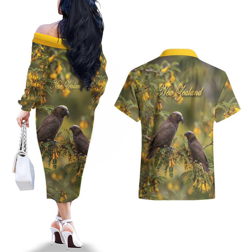 New Zealand Kaka Bird Couples Matching Off The Shoulder Long Sleeve Dress and Hawaiian Shirt Kowhai Flower Landscape Style LT22 - Polynesian Pride