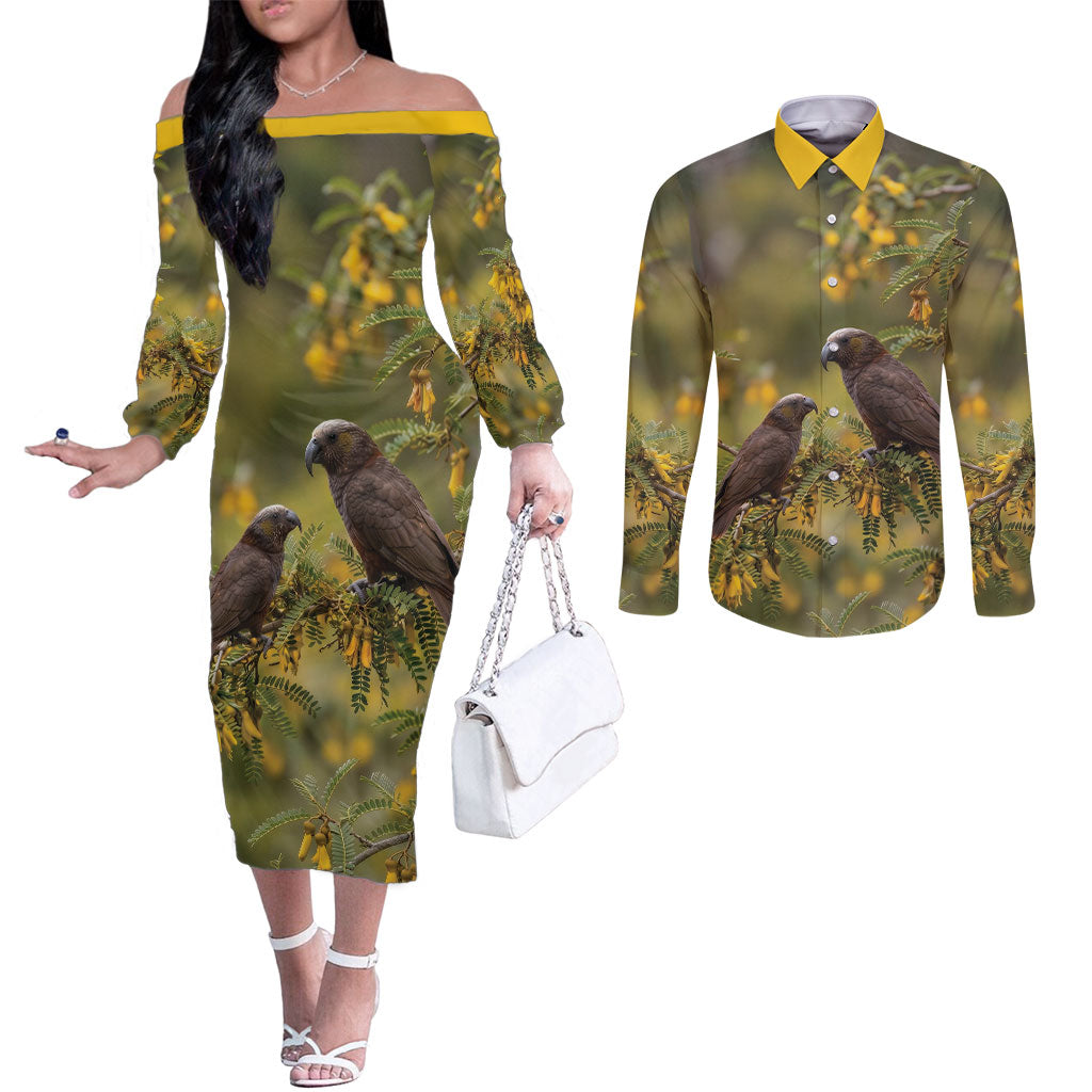 New Zealand Kaka Bird Couples Matching Off The Shoulder Long Sleeve Dress and Long Sleeve Button Shirt Kowhai Flower Landscape Style LT22 Green - Polynesian Pride