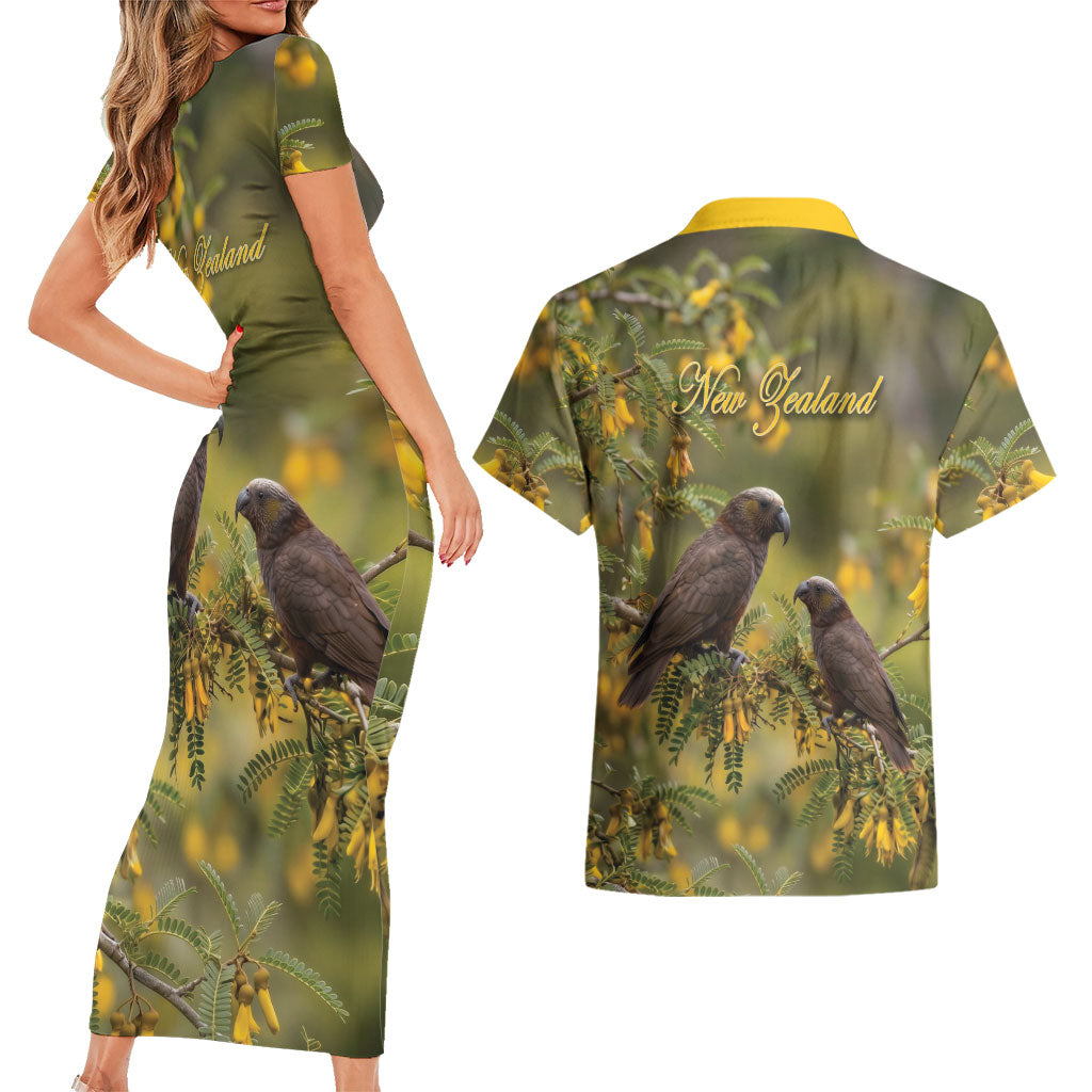 New Zealand Kaka Bird Couples Matching Short Sleeve Bodycon Dress and Hawaiian Shirt Kowhai Flower Landscape Style LT22 - Polynesian Pride