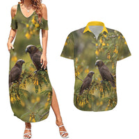 New Zealand Kaka Bird Couples Matching Summer Maxi Dress and Hawaiian Shirt Kowhai Flower Landscape Style LT22 Green - Polynesian Pride