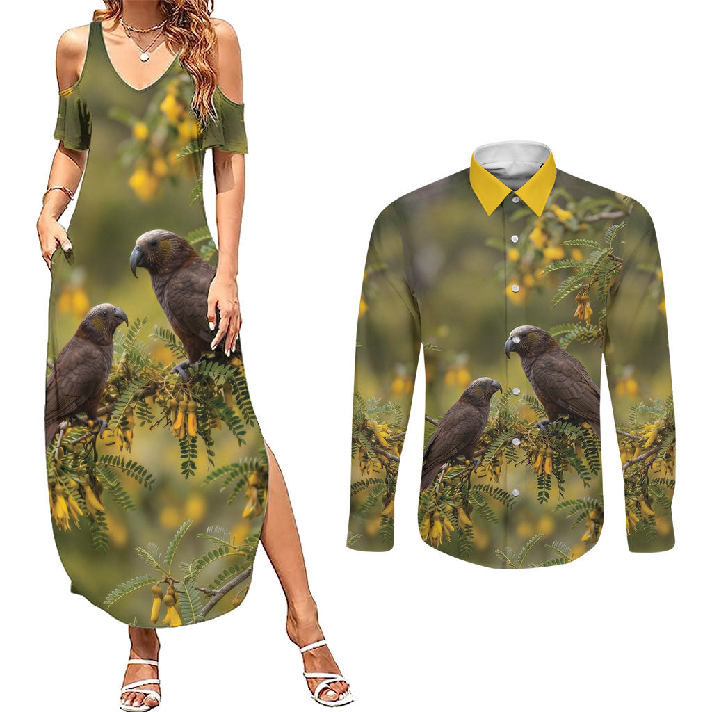 New Zealand Kaka Bird Couples Matching Summer Maxi Dress and Long Sleeve Button Shirt Kowhai Flower Landscape Style