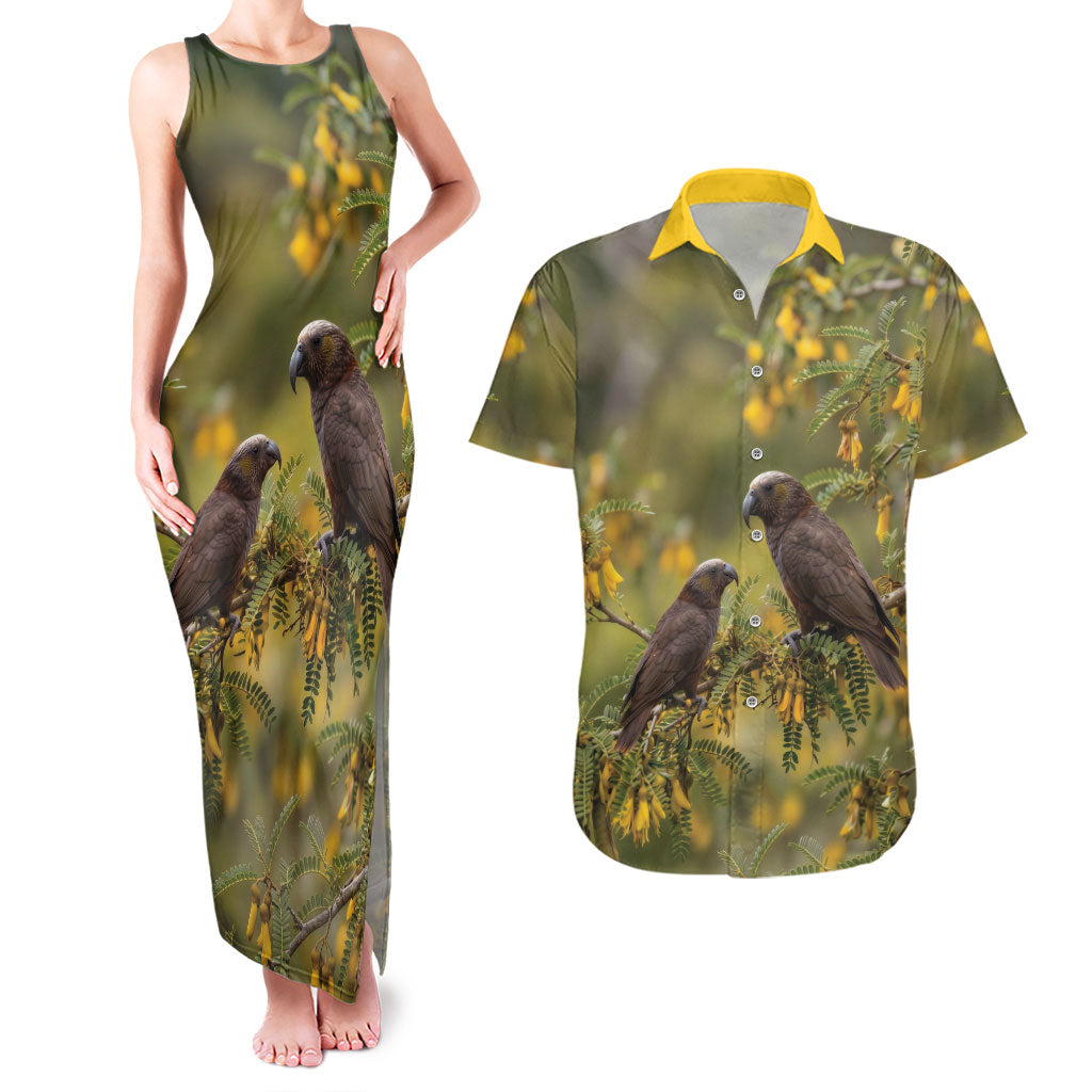 New Zealand Kaka Bird Couples Matching Tank Maxi Dress and Hawaiian Shirt Kowhai Flower Landscape Style