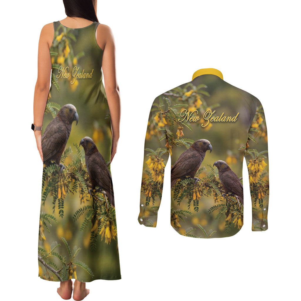 New Zealand Kaka Bird Couples Matching Tank Maxi Dress and Long Sleeve Button Shirt Kowhai Flower Landscape Style