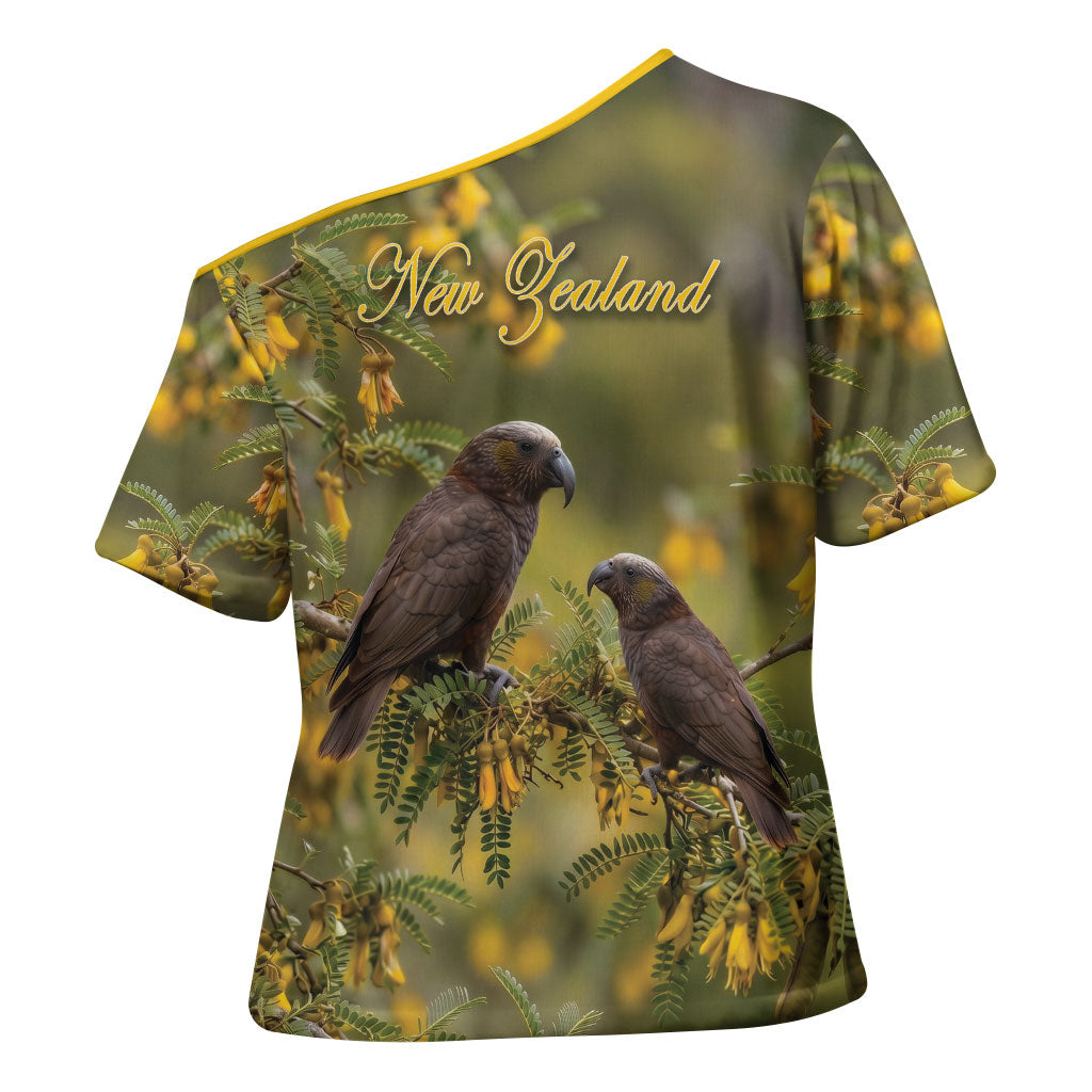 New Zealand Kaka Bird Cross Shoulder Shirt Kowhai Flower Landscape Style