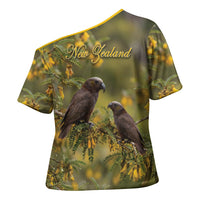 New Zealand Kaka Bird Cross Shoulder Shirt Kowhai Flower Landscape Style
