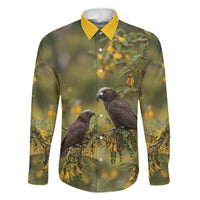 New Zealand Kaka Bird Family Matching Mermaid Dress and Hawaiian Shirt Kowhai Flower Landscape Style LT22 Dad's Shirt - Long Sleeve Green - Polynesian Pride