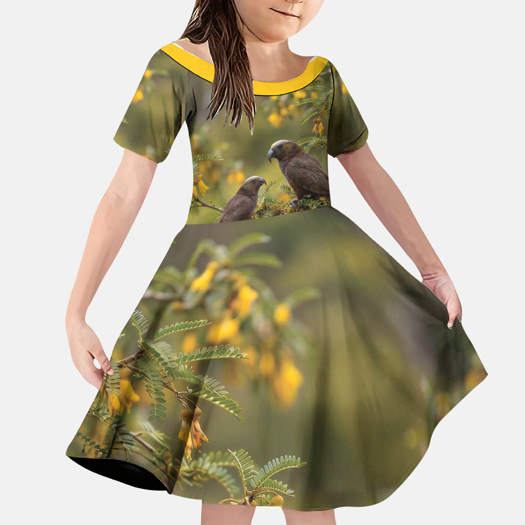 New Zealand Kaka Bird Family Matching Off The Shoulder Long Sleeve Dress and Hawaiian Shirt Kowhai Flower Landscape Style LT22 Daughter's Dress Green - Polynesian Pride