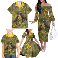 New Zealand Kaka Bird Family Matching Off The Shoulder Long Sleeve Dress and Hawaiian Shirt Kowhai Flower Landscape Style LT22 - Polynesian Pride