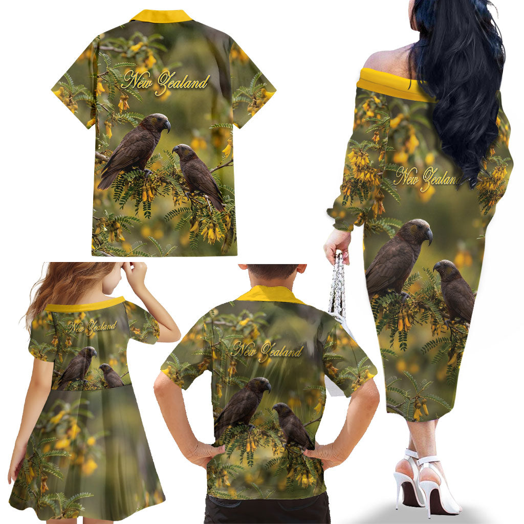 New Zealand Kaka Bird Family Matching Off The Shoulder Long Sleeve Dress and Hawaiian Shirt Kowhai Flower Landscape Style LT22 - Polynesian Pride