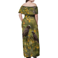 New Zealand Kaka Bird Family Matching Off Shoulder Maxi Dress and Hawaiian Shirt Kowhai Flower Landscape Style LT22 - Polynesian Pride