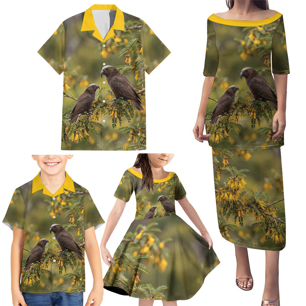 New Zealand Kaka Bird Family Matching Puletasi and Hawaiian Shirt Kowhai Flower Landscape Style LT22 - Polynesian Pride