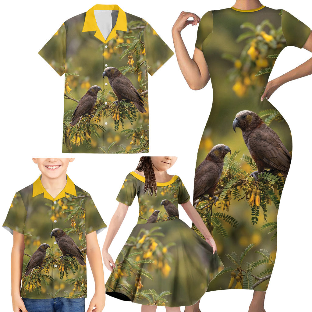 New Zealand Kaka Bird Family Matching Short Sleeve Bodycon Dress and Hawaiian Shirt Kowhai Flower Landscape Style