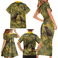 New Zealand Kaka Bird Family Matching Short Sleeve Bodycon Dress and Hawaiian Shirt Kowhai Flower Landscape Style LT22 - Polynesian Pride