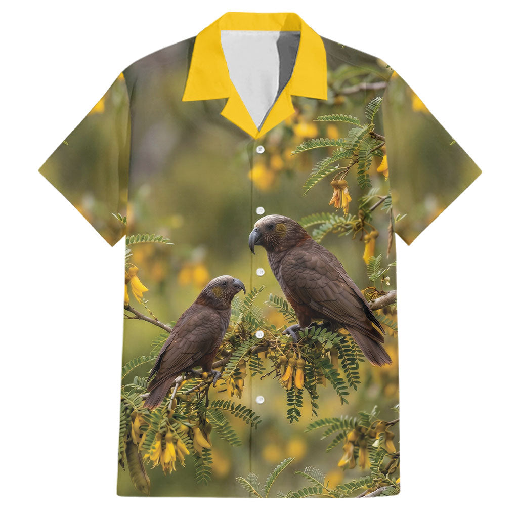 New Zealand Kaka Bird Family Matching Short Sleeve Bodycon Dress and Hawaiian Shirt Kowhai Flower Landscape Style LT22 Dad's Shirt - Short Sleeve Green - Polynesian Pride