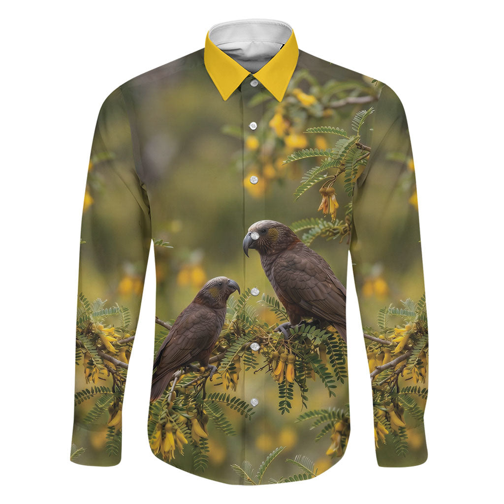 New Zealand Kaka Bird Family Matching Short Sleeve Bodycon Dress and Hawaiian Shirt Kowhai Flower Landscape Style LT22 Dad's Shirt - Long Sleeve Green - Polynesian Pride