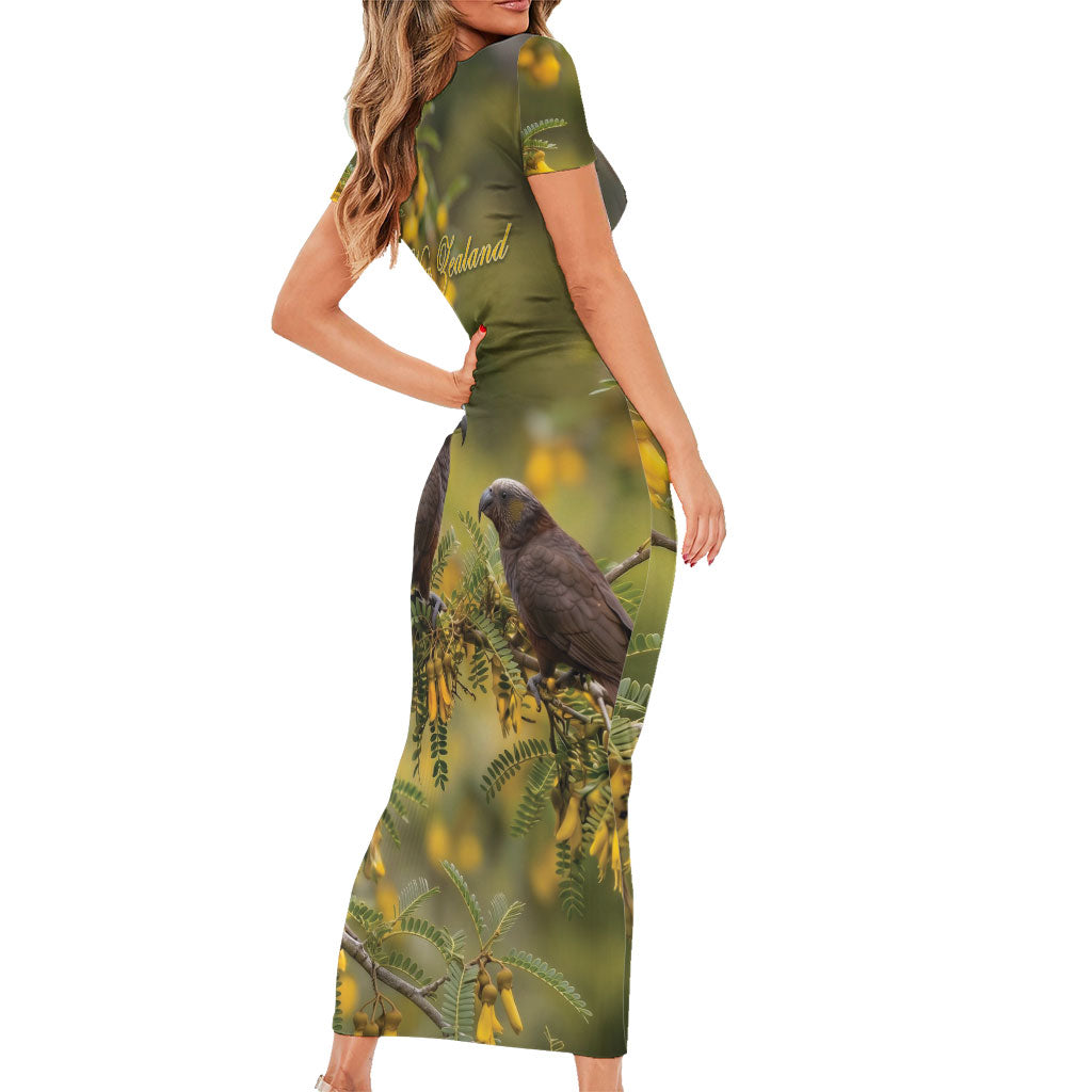 New Zealand Kaka Bird Family Matching Short Sleeve Bodycon Dress and Hawaiian Shirt Kowhai Flower Landscape Style LT22 - Polynesian Pride