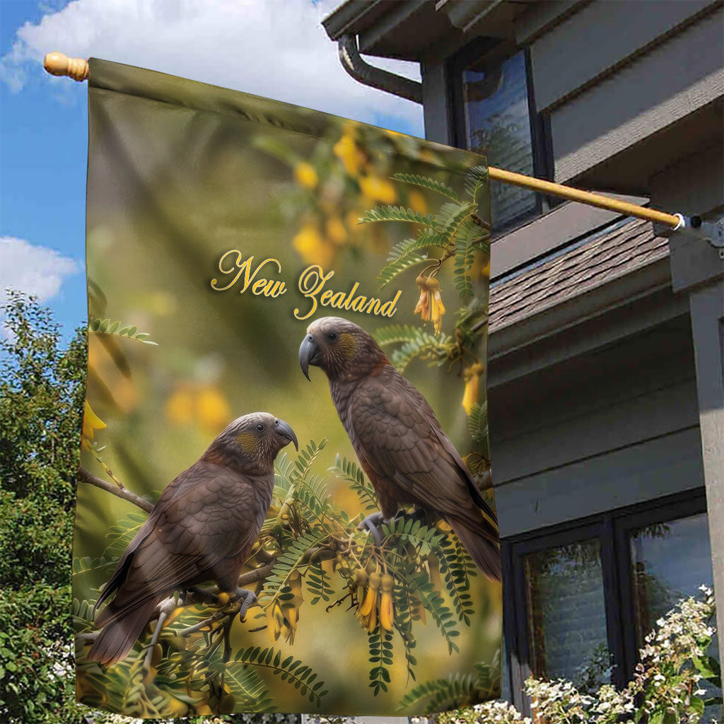 New Zealand Kaka Bird Garden Flag Kowhai Flower Landscape Style