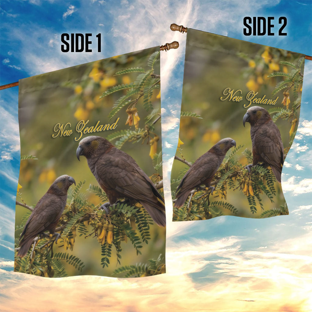 New Zealand Kaka Bird Garden Flag Kowhai Flower Landscape Style