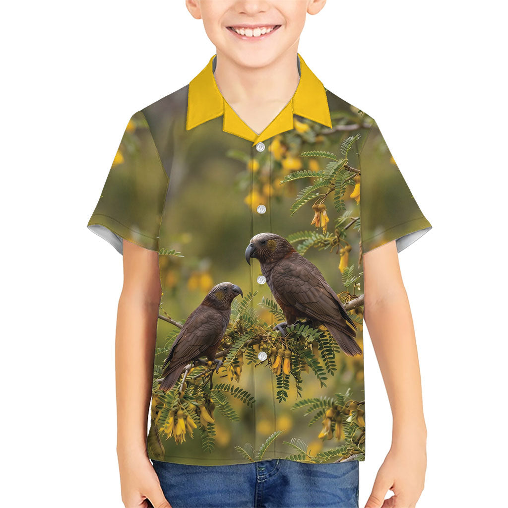New Zealand Kaka Bird Kid Hawaiian Shirt Kowhai Flower Landscape Style