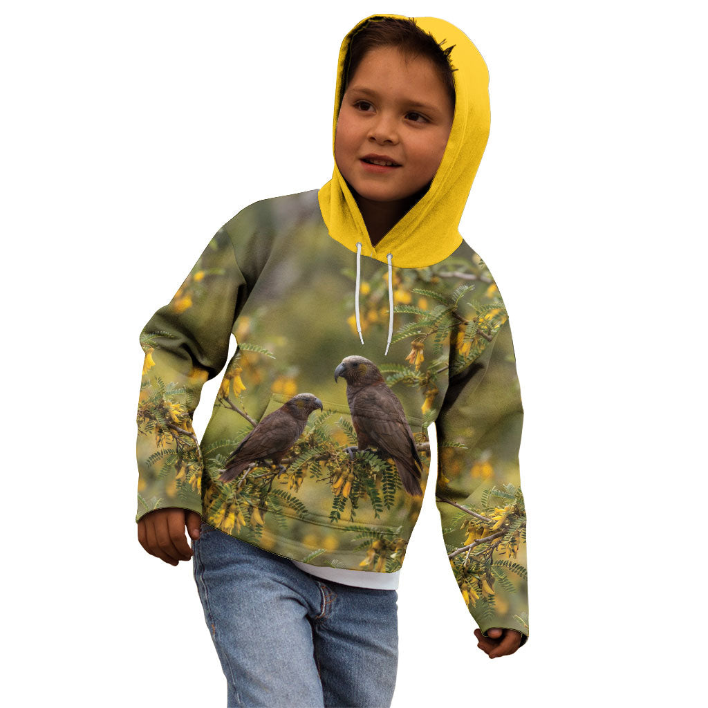 New Zealand Kaka Bird Kid Hoodie Kowhai Flower Landscape Style