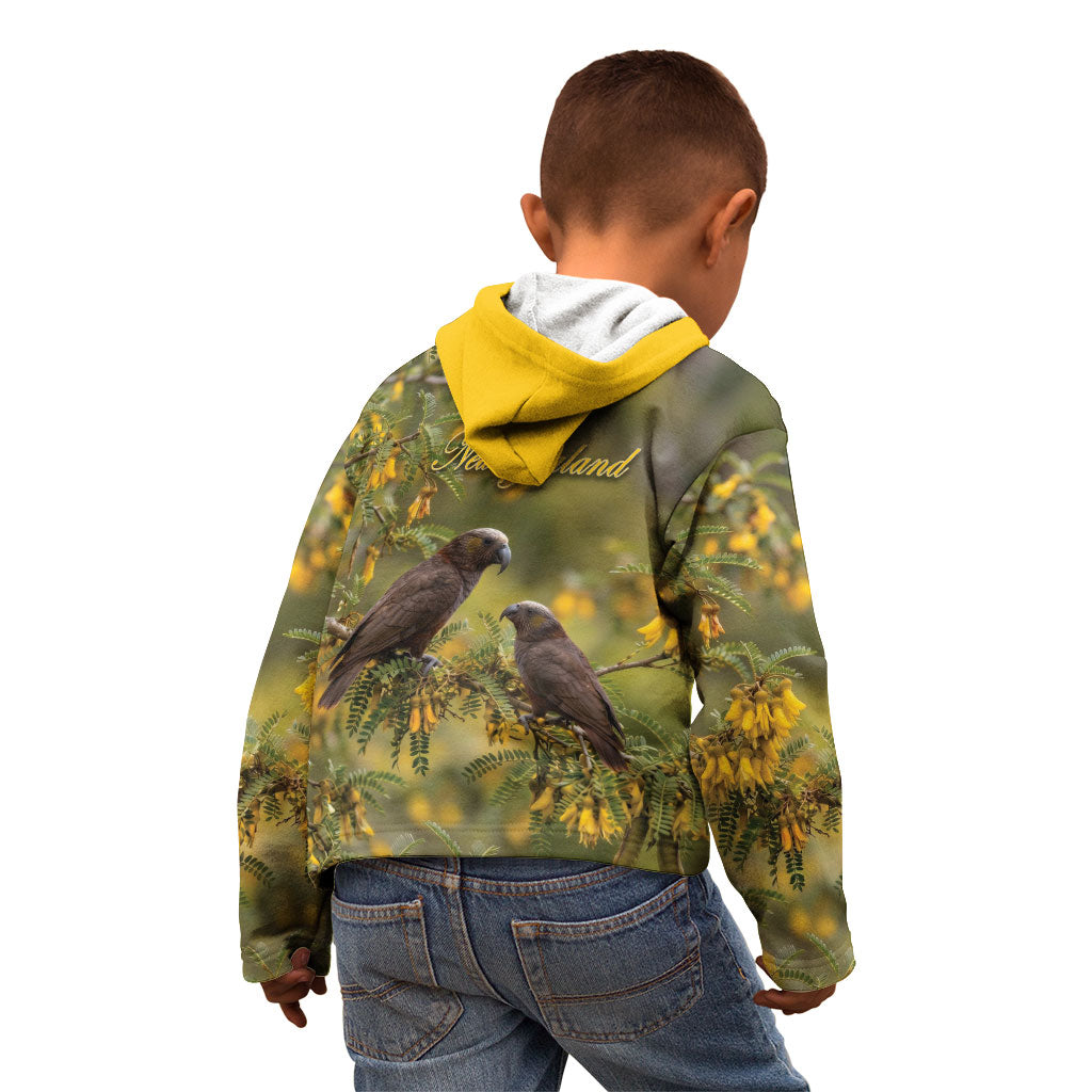 New Zealand Kaka Bird Kid Hoodie Kowhai Flower Landscape Style