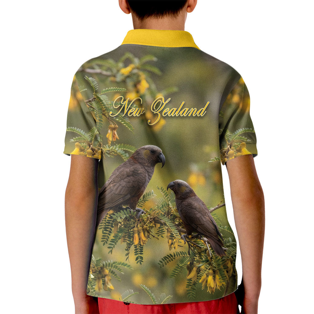 New Zealand Kaka Bird Kid Polo Shirt Kowhai Flower Landscape Style
