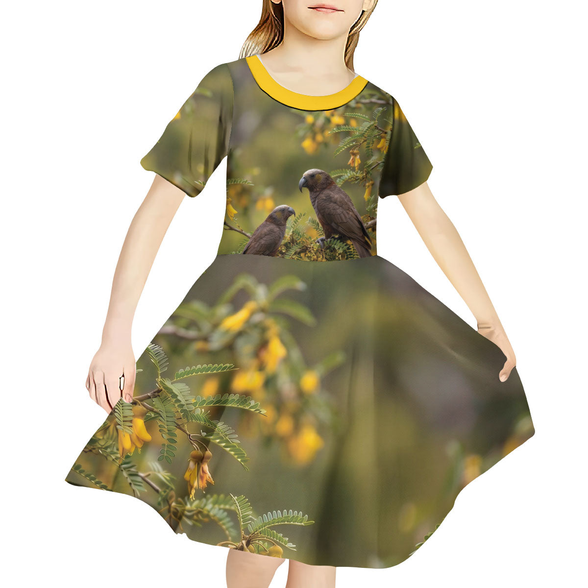 New Zealand Kaka Bird Kid Short Sleeve Dress Kowhai Flower Landscape Style