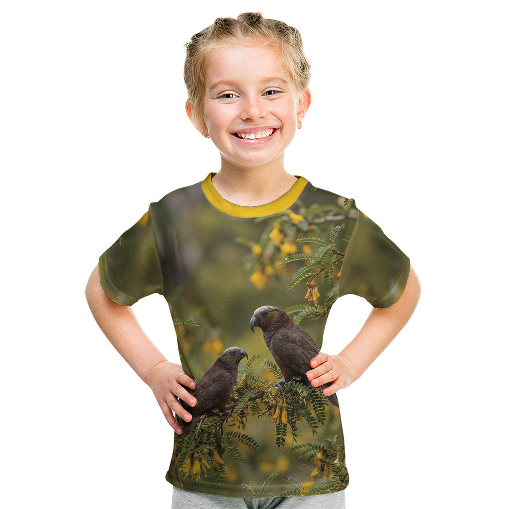 New Zealand Kaka Bird Kid T Shirt Kowhai Flower Landscape Style