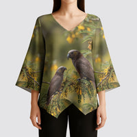 New Zealand Kaka Bird Kimono Sleeve Blouse Kowhai Flower Landscape Style