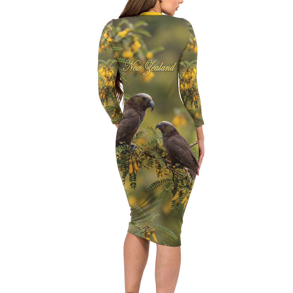 New Zealand Kaka Bird Long Sleeve Bodycon Dress Kowhai Flower Landscape Style