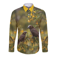 New Zealand Kaka Bird Long Sleeve Button Shirt Kowhai Flower Landscape Style